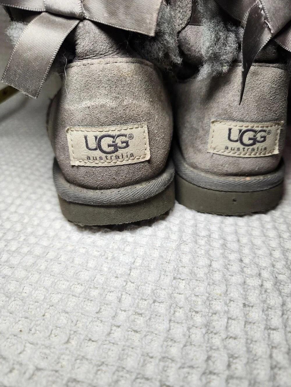 UGG Gray Bow Back Shearling Boots Flawed